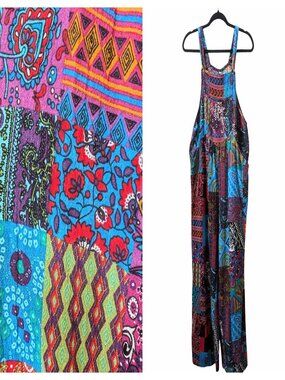 Bohemian Womens Size L Colorful Patchwork Printed Pockets Overall Jumpsuits